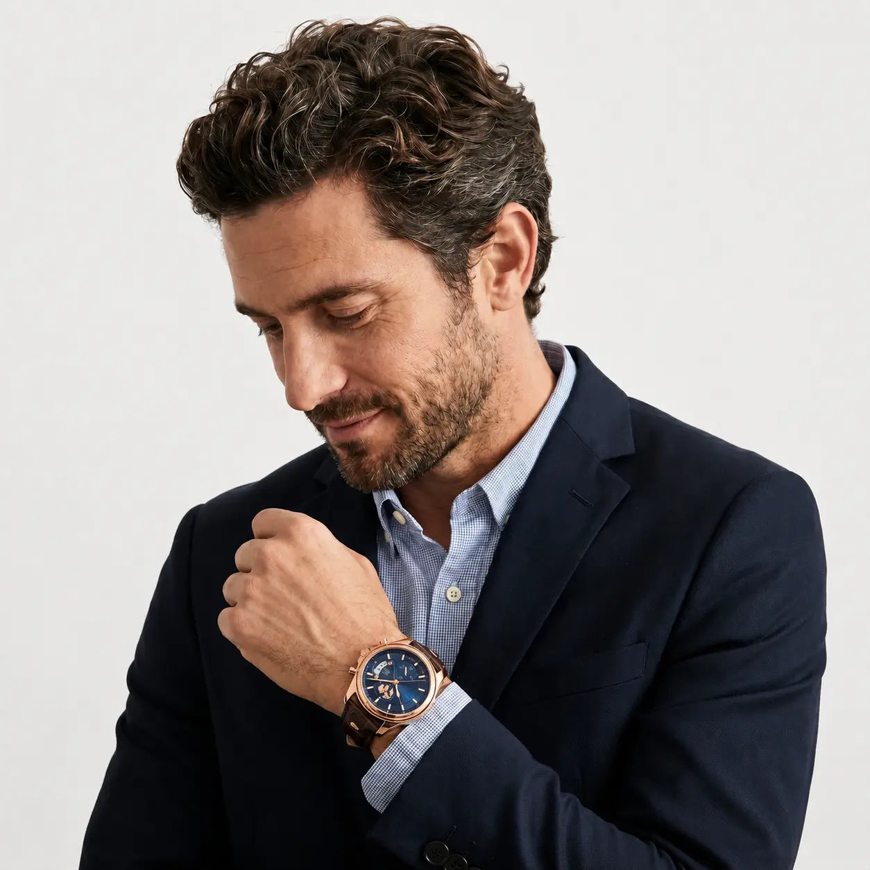 Meridian Atlantic Rose rose-gold case and brown leather strap detail