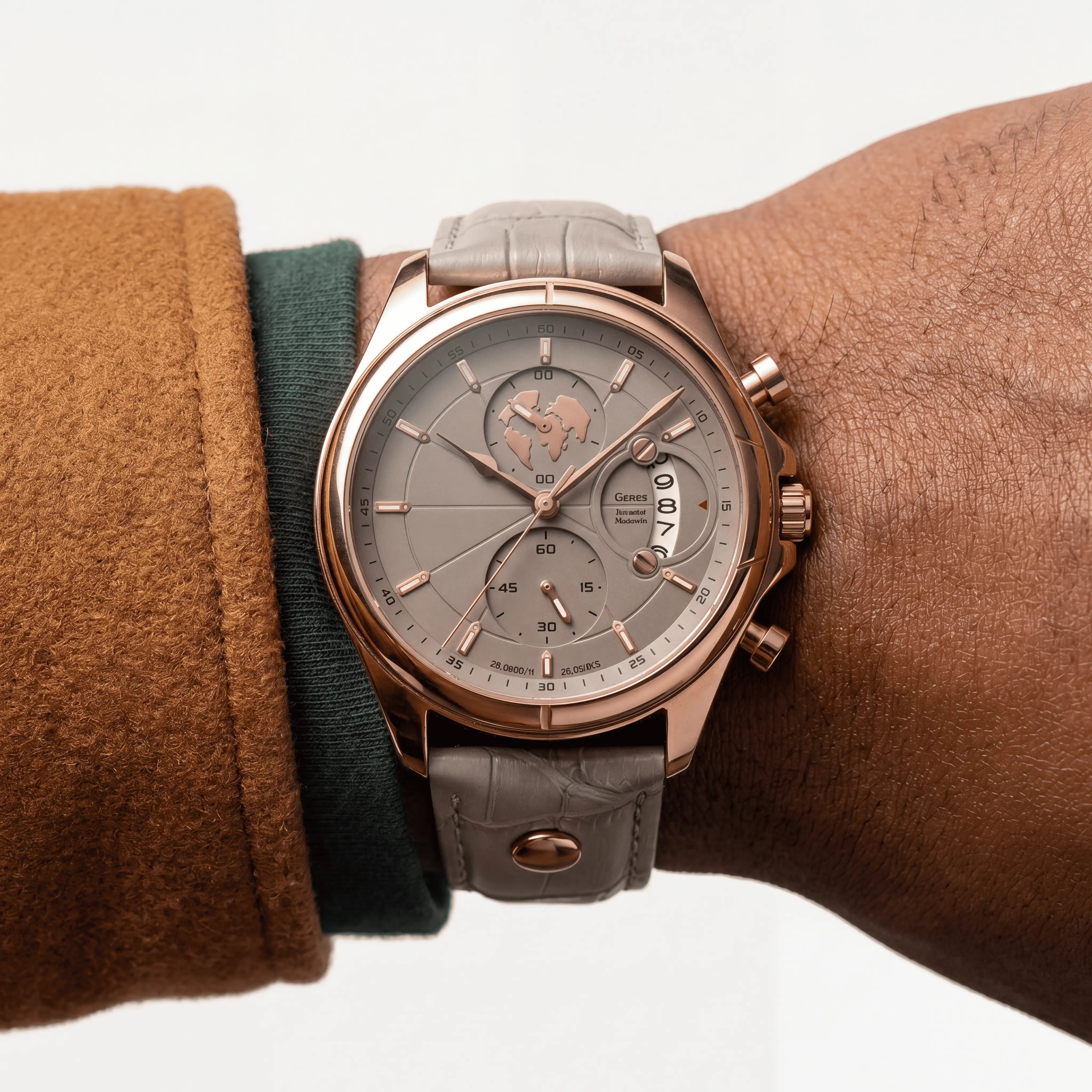 Meridian Ash Rose worn on the wrist - rose-gold chronograph-style watch by NORD 1975