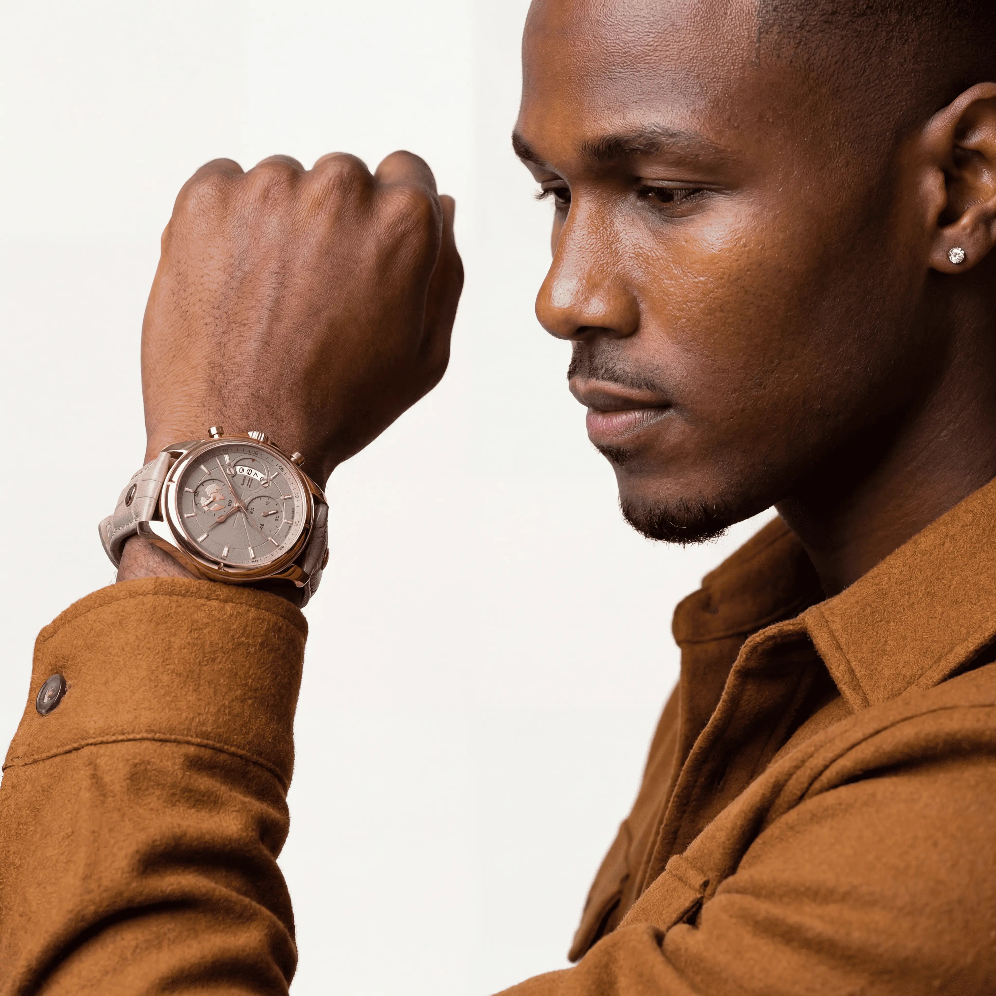 Meridian Ash Rose men's watch with rose-gold case and brown leather strap - front view