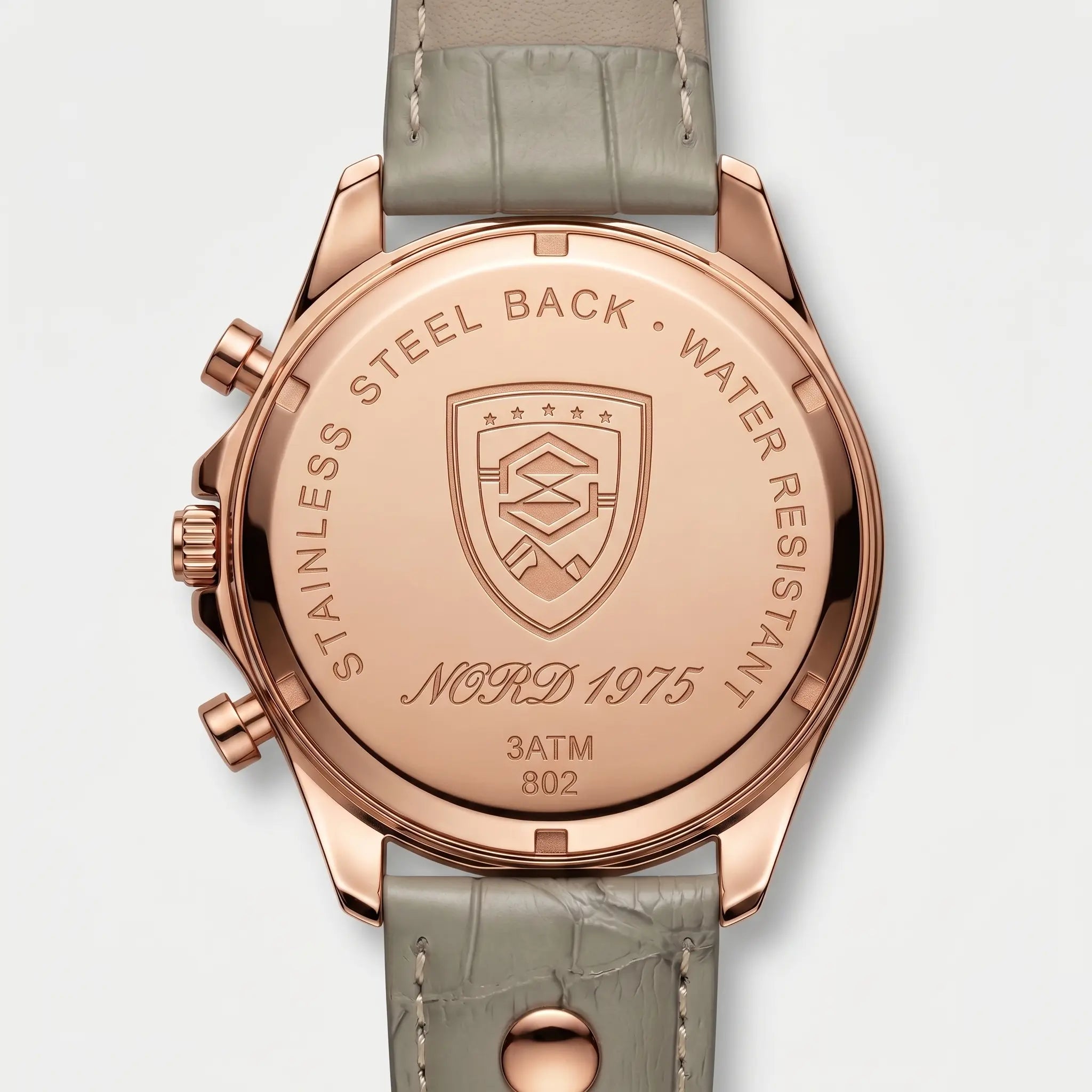 Meridian Ash Rose leather strap and rose-gold case detail