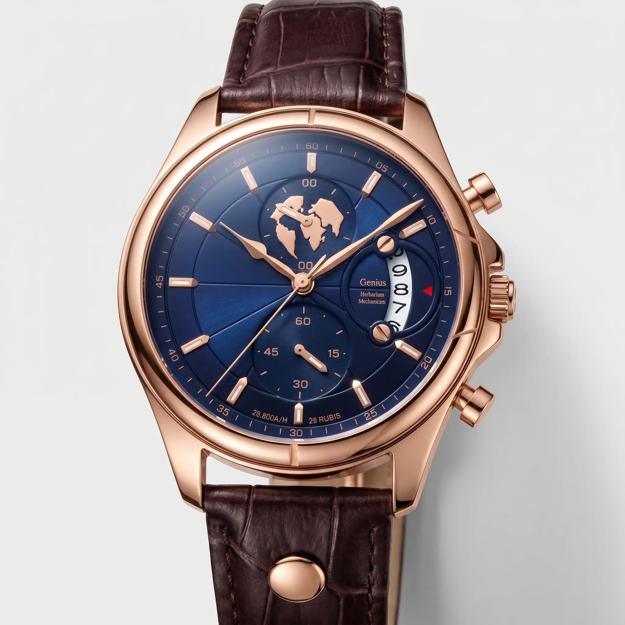 Meridian Atlantic Rose men's watch with navy dial, rose-gold case and brown leather strap - front view