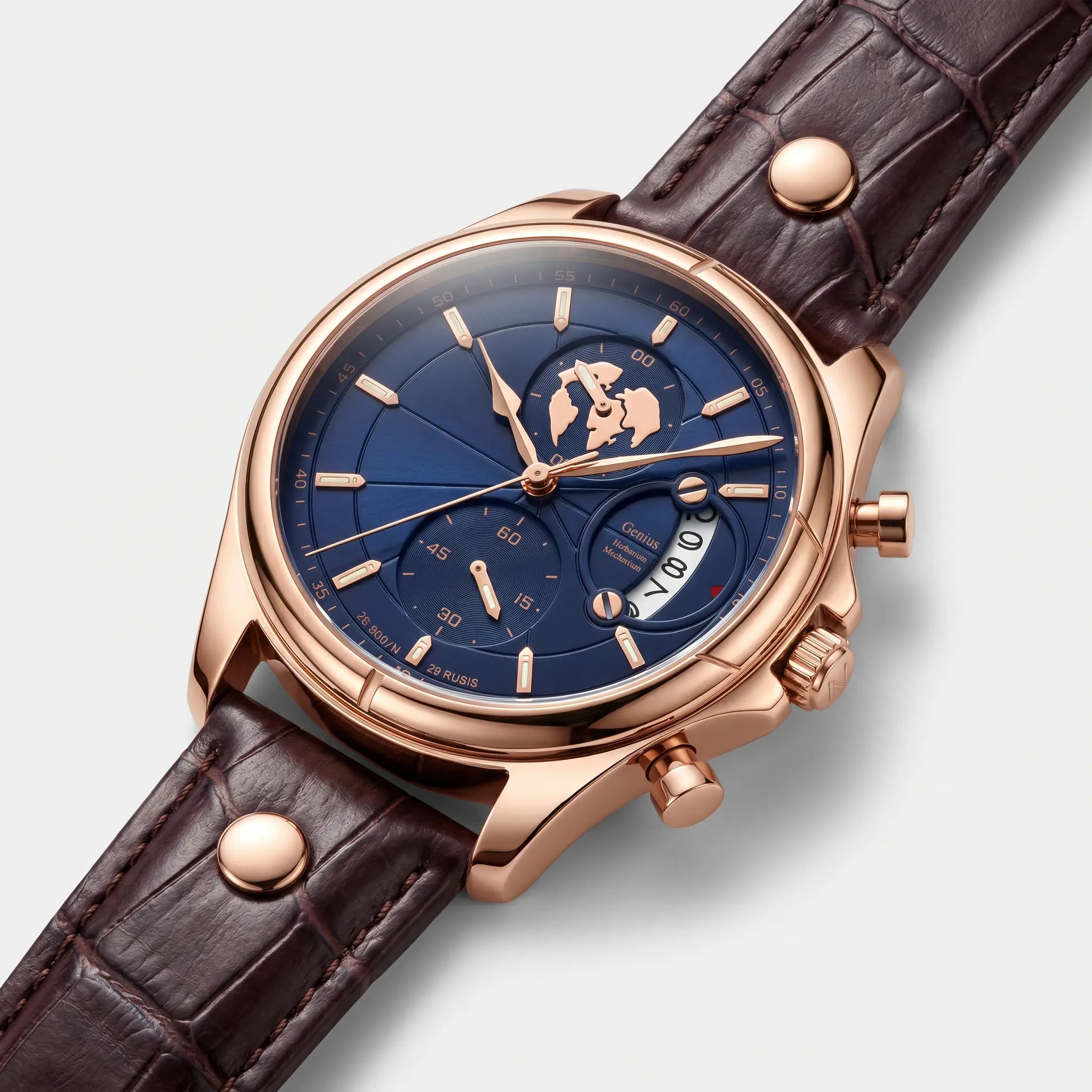 Meridian Atlantic Rose rose-gold case and brown leather strap detail
