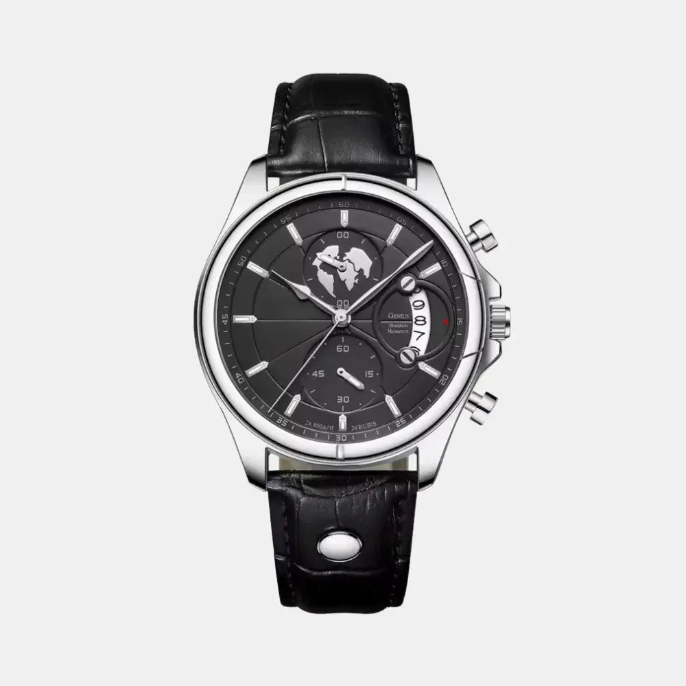 Meridian Obsidian Steel men's watch with black dial and steel case - front view