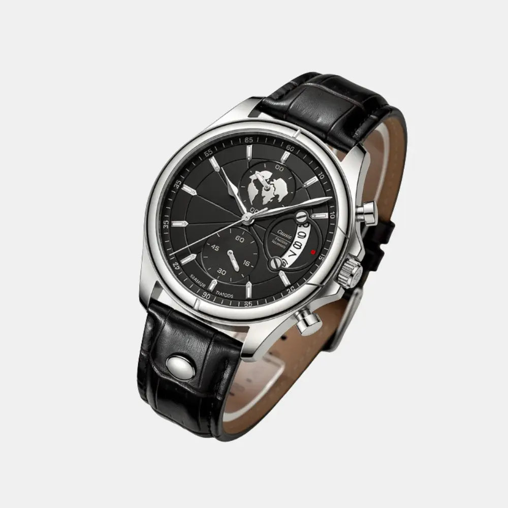 Close-up of the Meridian Obsidian Steel black dial and case