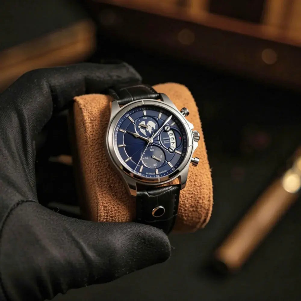 Meridian Atlantic Steel men's watch with steel case and brown leather strap - front view