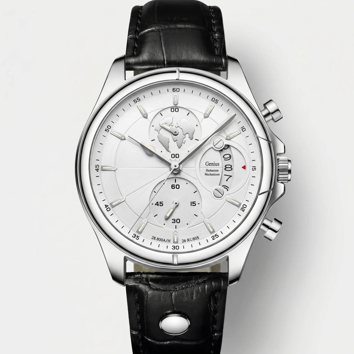 Meridian Ivory Steel men's watch with white dial, steel case and leather strap - front view