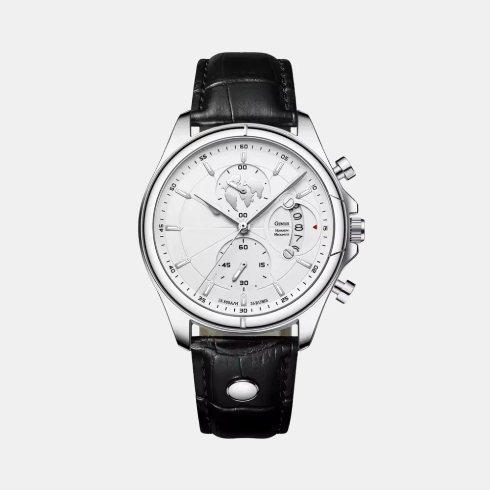 Meridian Ivory Steel men's watch with white dial, steel case and leather strap - front view
